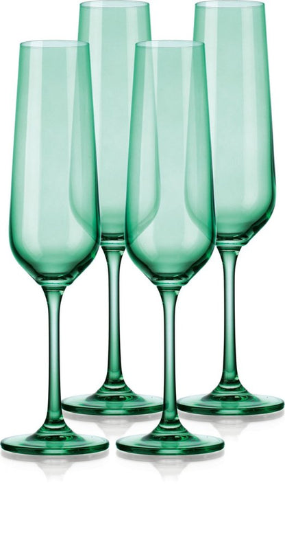 Set of Four Green Crystal Narrowing Shape Stemmed Flute