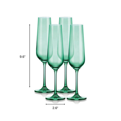 Set of Four Green Crystal Narrowing Shape Stemmed Flute