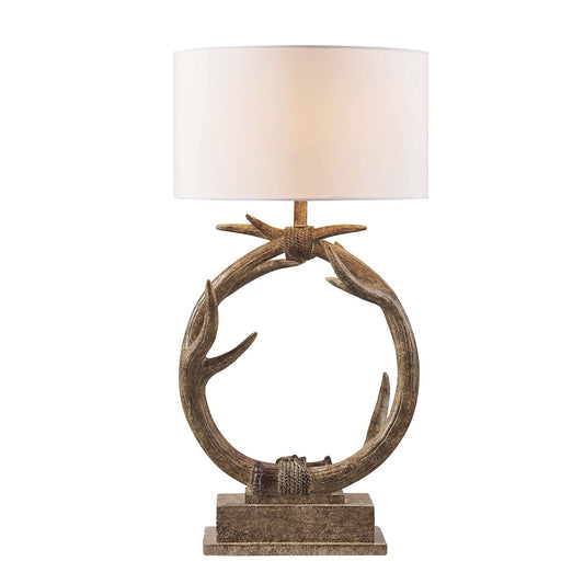 27" Brown Rustic Faux Antlers Table Lamp With White Drum Shade