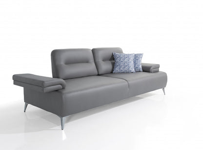 89" Light Gray Leather Convertible Sofa And Toss Pillows With Silver Legs