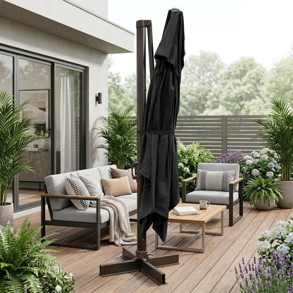 13' Black Polyester Rectangular Tilt Cantilever Patio Umbrella with Stand