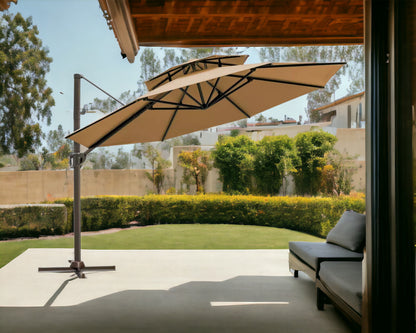 11.5' Tan Polyester Round Tilt Cantilever Patio Umbrella With Stand