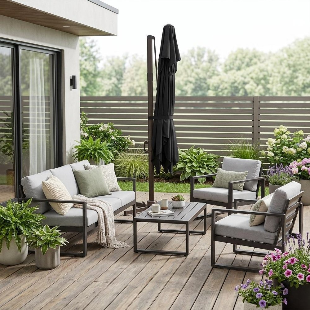 15" Black Polyester Square Tilt Cantilever Patio Umbrella with Stand