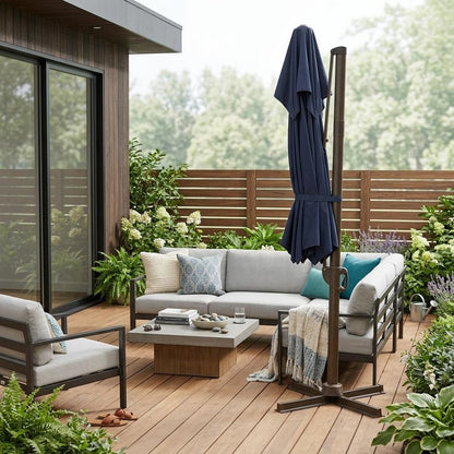 15" Navy Blue Polyester Square Tilt Cantilever Patio Umbrella with Stand