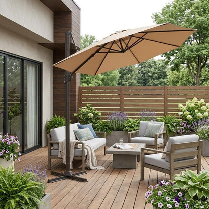 10' Tan Polyester Square Tilt Cantilever Patio Umbrella with Stand