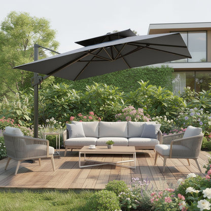 11' Gray Polyester Round Tilt Cantilever Patio Umbrella with Stand