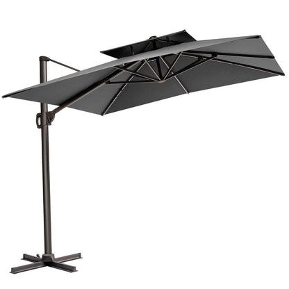 11' Gray Polyester Round Tilt Cantilever Patio Umbrella with Stand