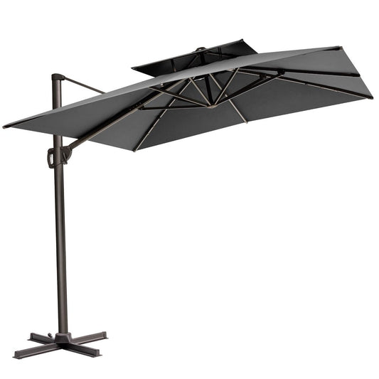 11' Gray Polyester Round Tilt Cantilever Patio Umbrella with Stand
