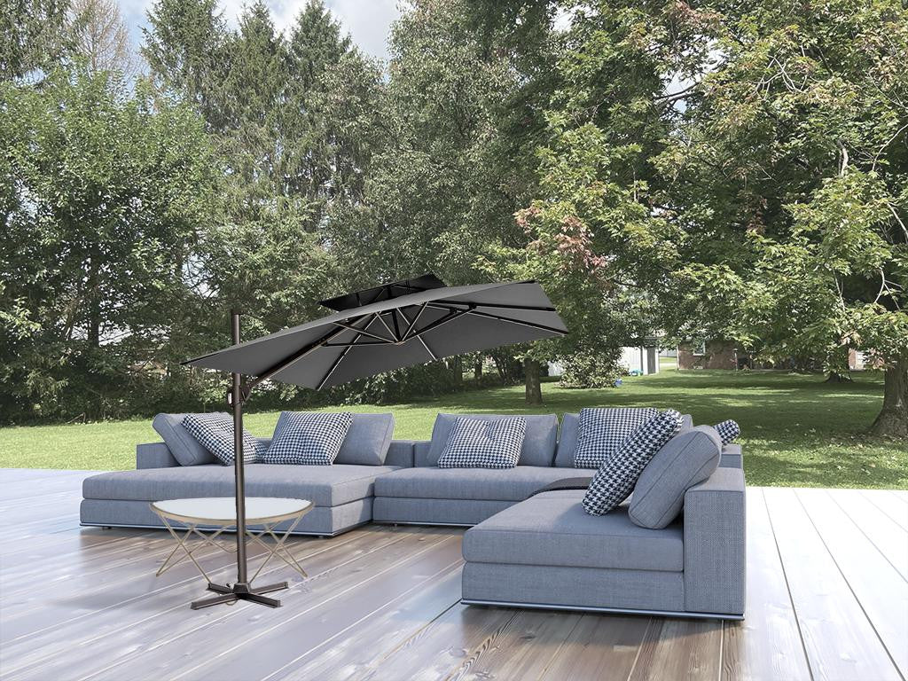 11' Dark Gray Polyester Round Tilt Cantilever Patio Umbrella With Stand