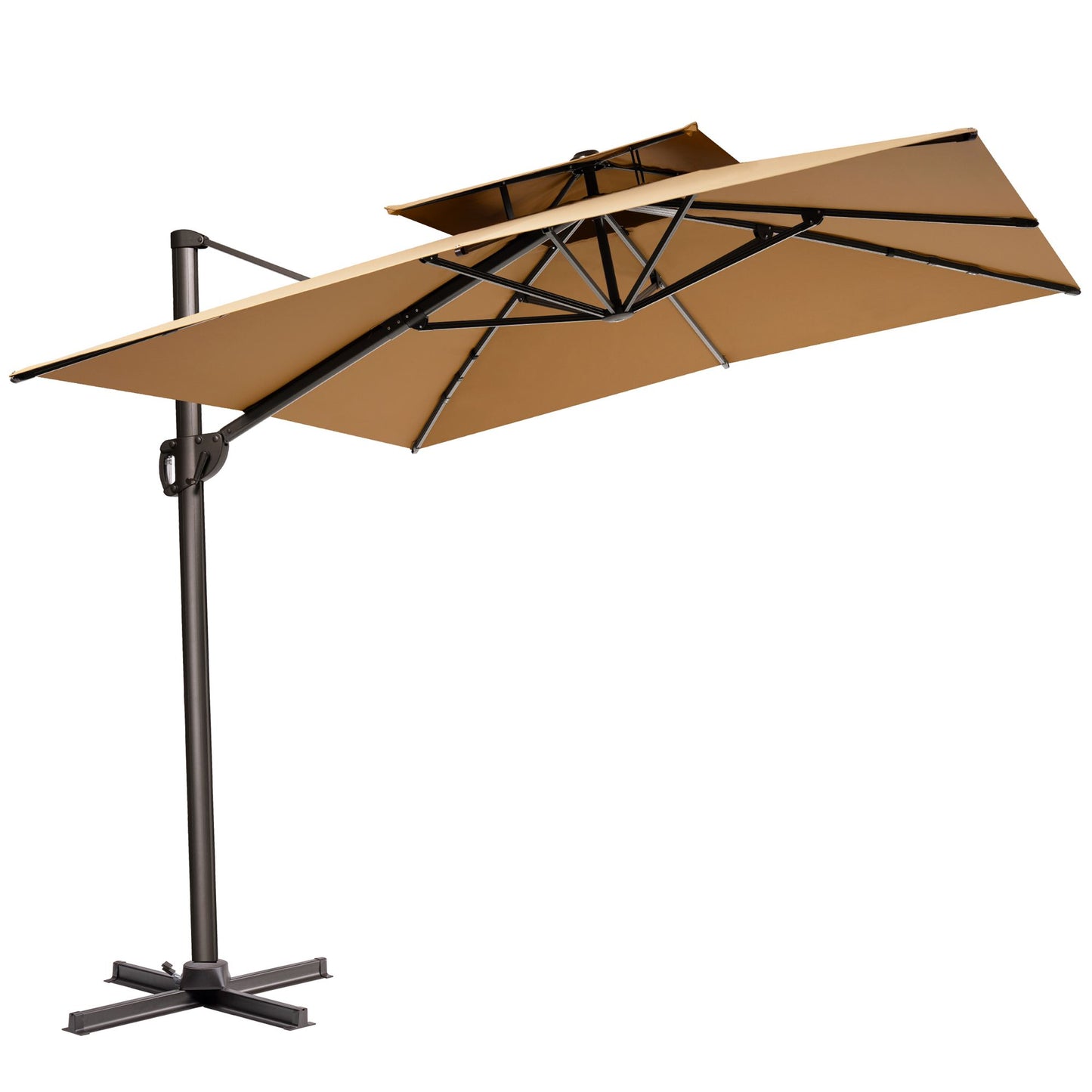 11' Tan Polyester Round Tilt Cantilever Patio Umbrella With Stand