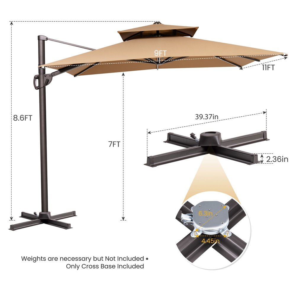 15" Tan Polyester Round Tilt Cantilever Patio Umbrella with Stand