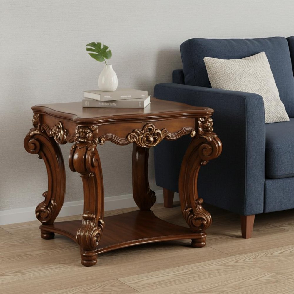 26" Cherry Manufactured Wood And Solid Wood Square End Table With Shelf