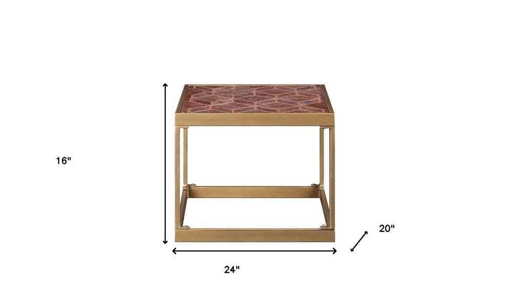 16" Brass And Warm Brown Leather Rectangular End Table