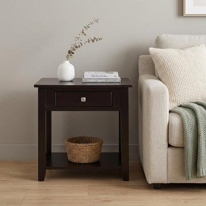 22" Black Manufactured Wood Square End Table With Drawer With Shelf