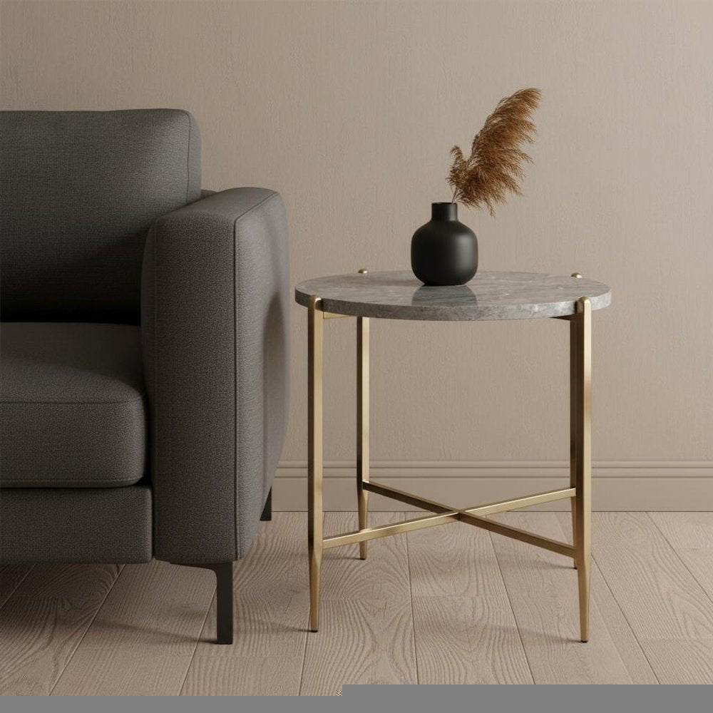 24" Champagne And Light Gray Manufactured Wood And Metal Round End Table