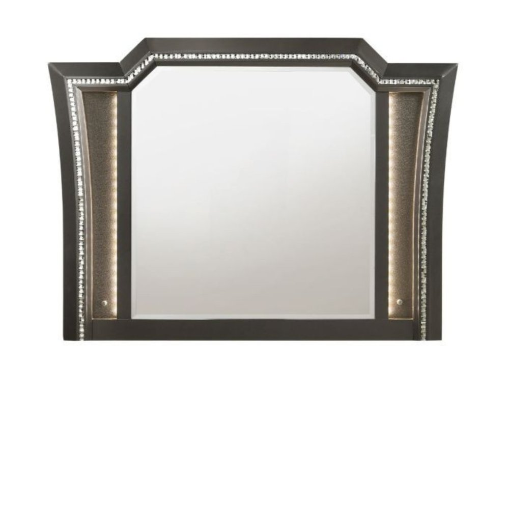38" Gunmetal Lighted Abstract Wood Framed Mounted Dresser Mirror