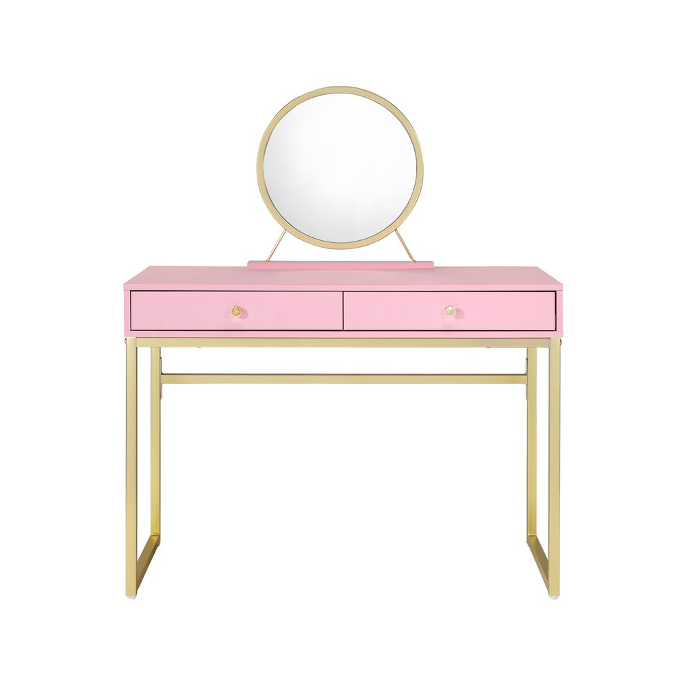 42" Gold And Pink Wood Vanity Table With Mirror And Two Drawers