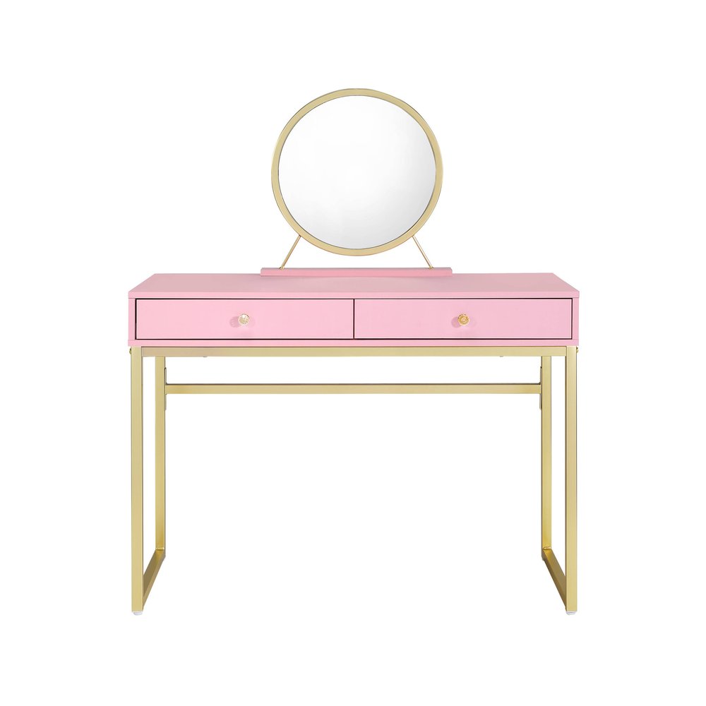 42" Gold And Pink Wood Vanity Table With Mirror And Two Drawers