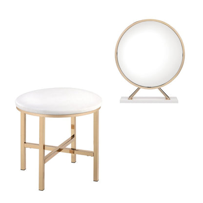 Set of Two Gold Metal And Faux Leather Round Freestanding Makeup Mirror And Stool