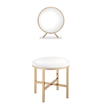 Set of Two Gold Metal And Faux Leather Round Freestanding Makeup Mirror And Stool