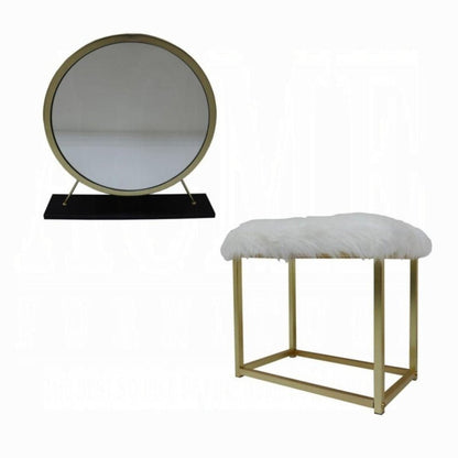 Set of Two Gold Black and White Metal And Faux Fur Freestanding Makeup Mirror And Stool