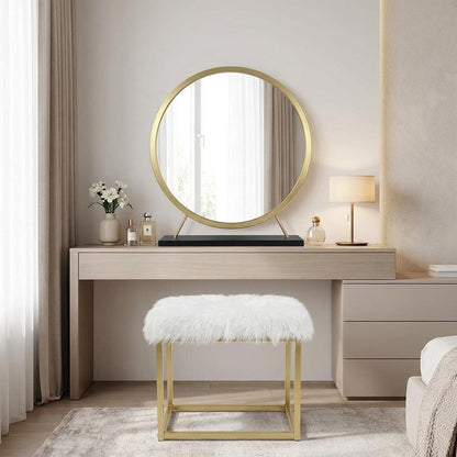 Set of Two Gold Black and White Metal And Faux Fur Freestanding Makeup Mirror And Stool
