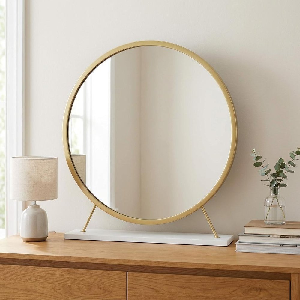 19" Brass Metal Round Freestanding Ornate Framed Makeup Shaving Tabletop Mirror
