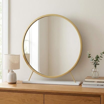 19" Brass Metal Round Freestanding Ornate Framed Makeup Shaving Tabletop Mirror