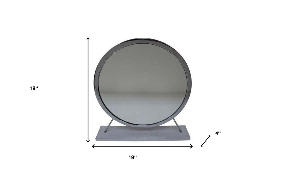 19" Gray Metal Round Freestanding Ornate Framed Makeup Shaving Tabletop Mirror