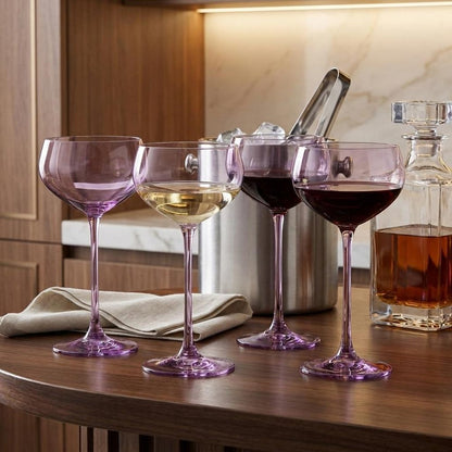 Set of Four Purple Crystal Shallow Bowl Stemmed Coupe