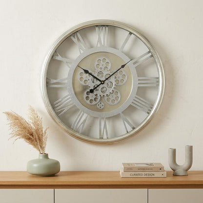 21" Circle Silver Metal and Glass Analog Exposed Gear Wall Clock
