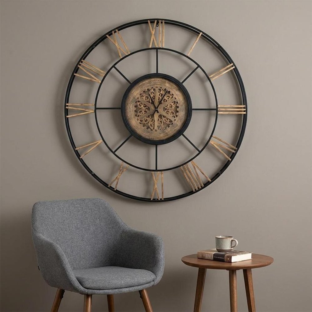 56" Circle Copper Metal and Glass Analog Exposed Gear Wall Clock