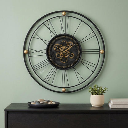 32" Circle Black and Gold Metal and Glass Analog Exposed Gear Wall Clock