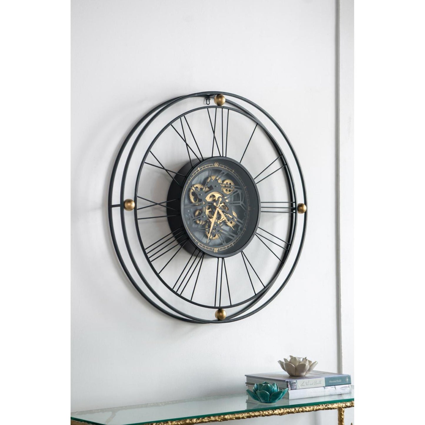 32" Circle Black and Gold Metal and Glass Analog Exposed Gear Wall Clock