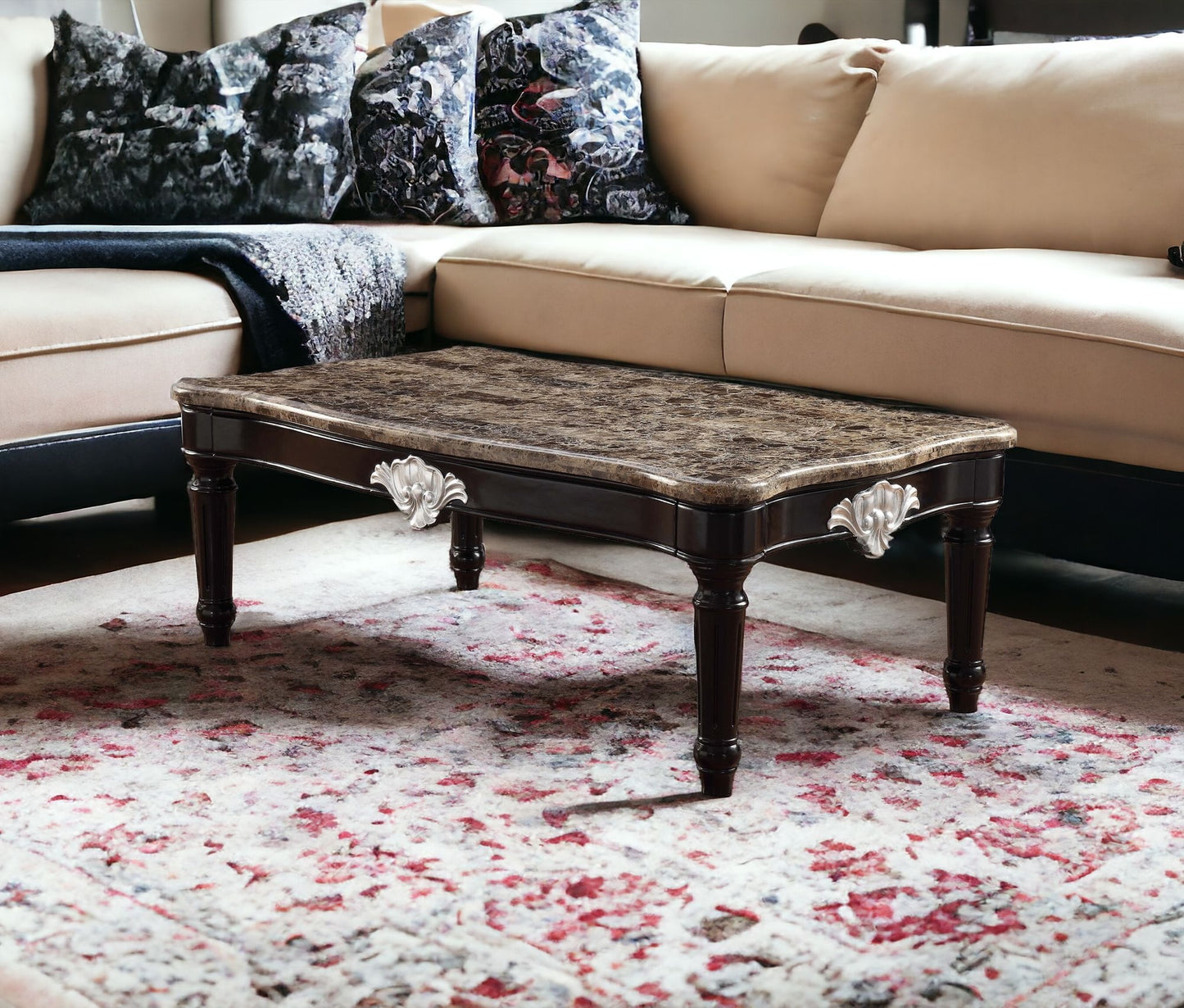 56" Brown And Black Faux Marble And Solid And Manufactured Wood Coffee Table