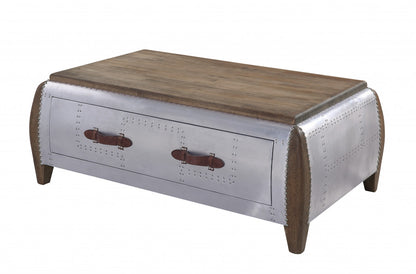 51" Brown And Gray Solid Wood And Aluminum Coffee Table With Drawer