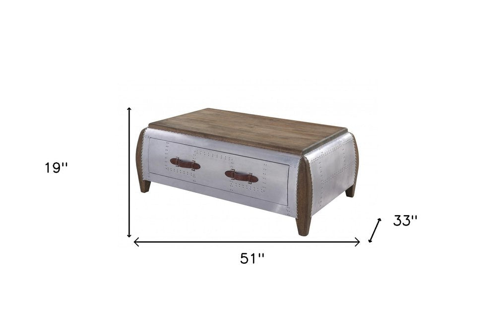 51" Brown and Gray Solid Wood And Aluminum Solid Coffee Table With Drawer