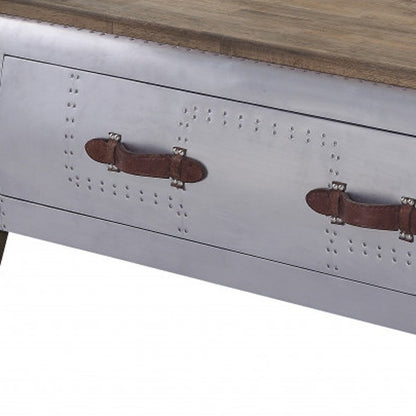 51" Brown and Gray Solid Wood And Aluminum Solid Coffee Table With Drawer