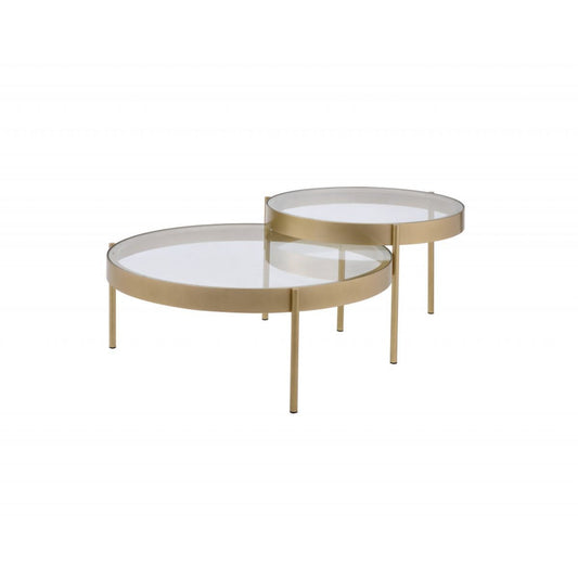 36" Clear And Gold Glass And Metal Round Nested Coffee Tables