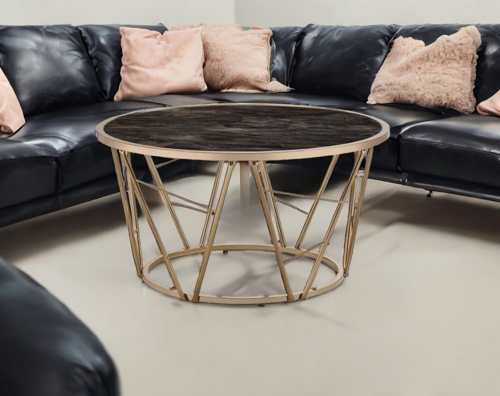 33" Black And Champagne Glass Faux Marble And Metal Round Coffee Table