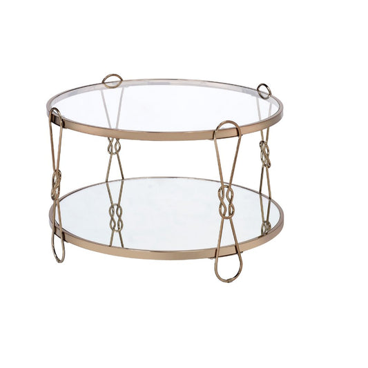 32" Silver and Champagne Mirrored Glass And Metal Round Frame Coffee Table With Shelf