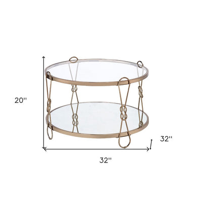 32" Silver and Champagne Mirrored Glass And Metal Round Frame Coffee Table With Shelf