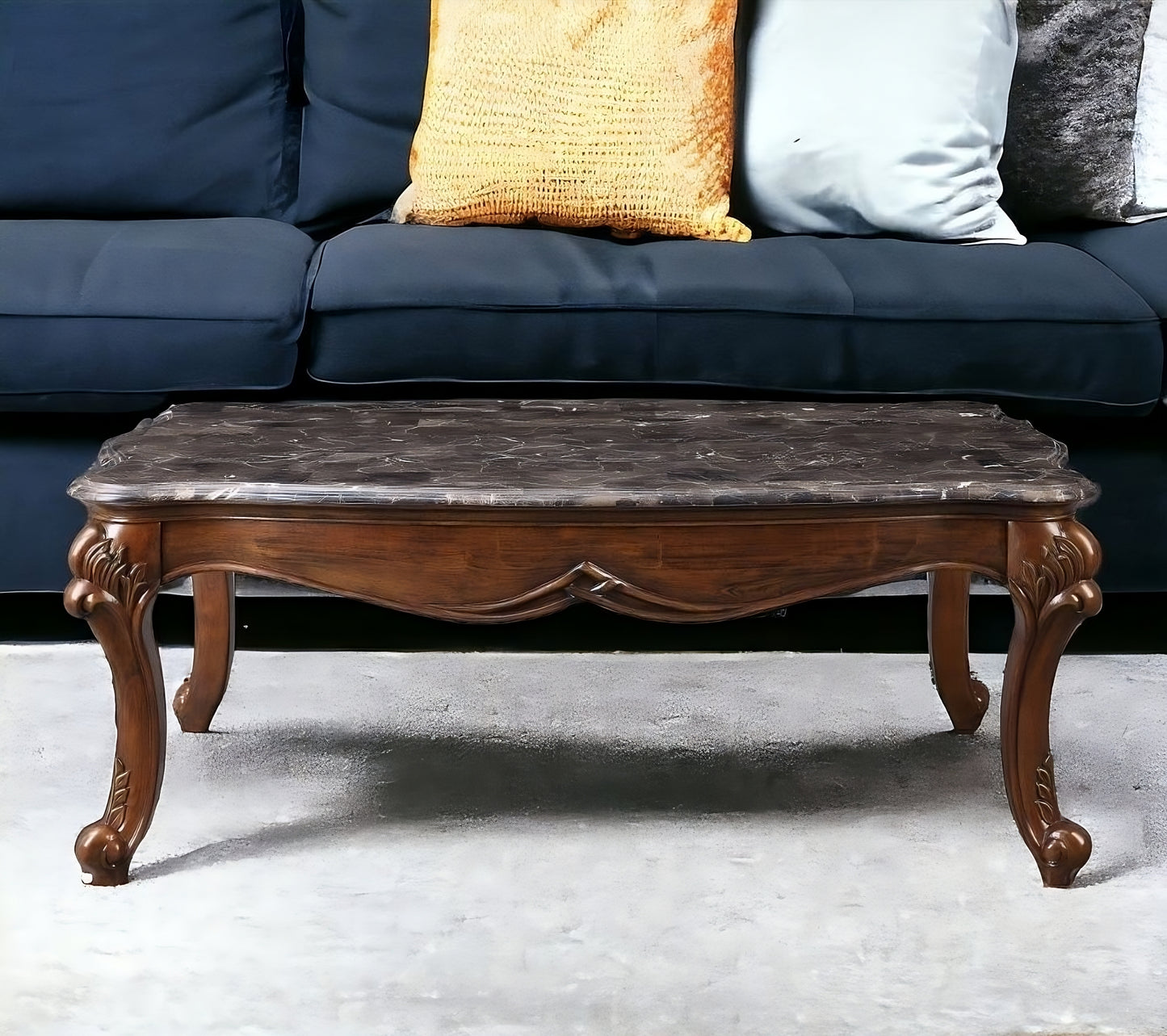 52" Gray And Brown Genuine Marble And Solid Wood Coffee Table