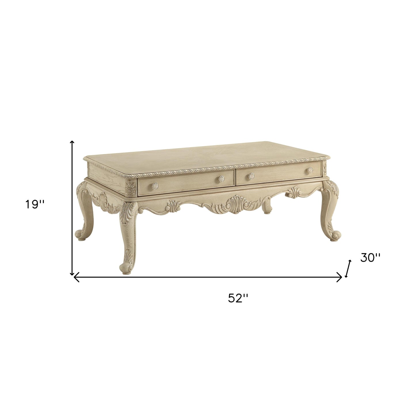 52" Antiqued White Solid Wood Coffee Table With Two Drawers