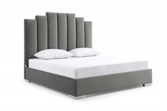 Queen Grey Upholstered Vertical Channel Velvet Bed with USB