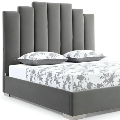 Queen Grey Upholstered Vertical Channel Velvet Bed with USB