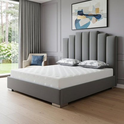 Queen Grey Upholstered Vertical Channel Velvet Bed with USB