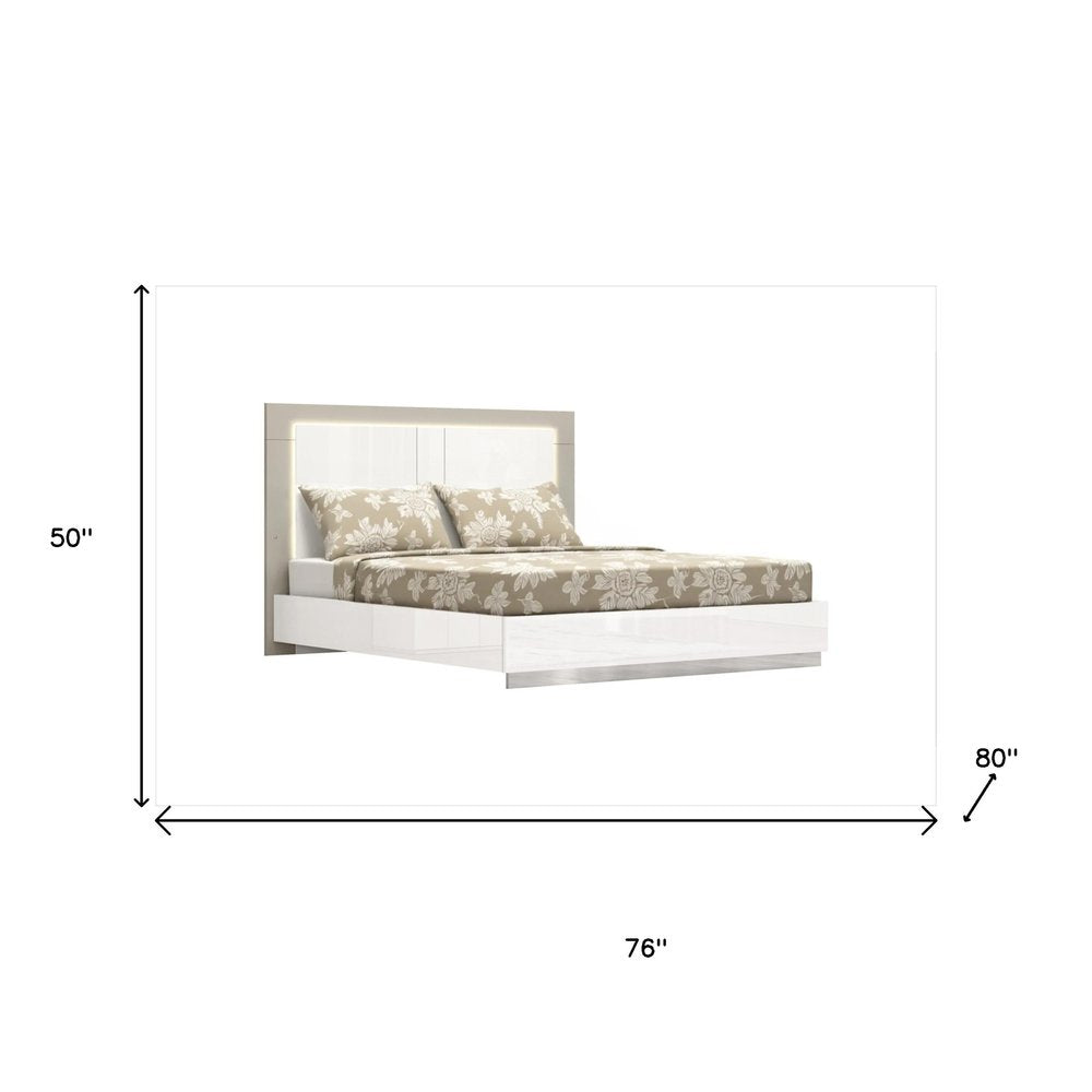 King White High Gloss Bed Frame with LED Headboard