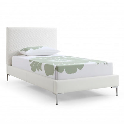 Twin Size White Upholstered Faux Leather Bed Frame