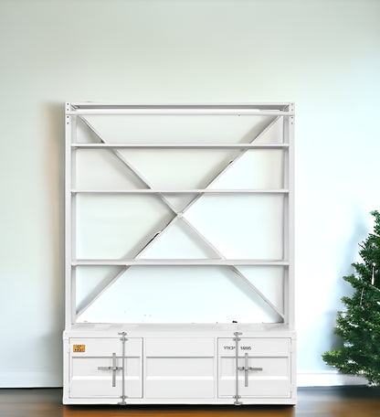 83" White Four Tier Cargo Style Bookcase with Cabinets and Ladder